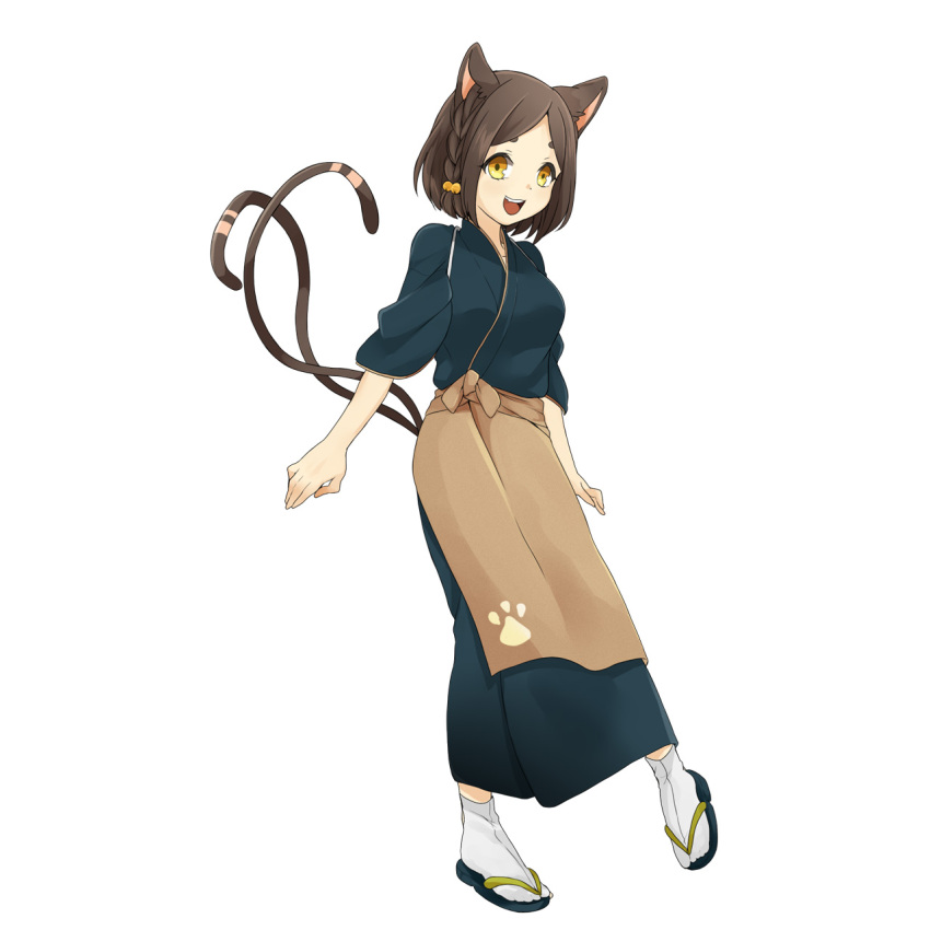 1girl animal_ears bangs braid brown_hair cat_ears cat_tail full_body highres multiple_tails nekomata_(youkai_hyakki-tan!) official_art open_mouth sandals short_hair simple_background sleeves_past_elbows solo swept_bangs tabi tail white_background yellow_eyes youkai_hyakki-tan!