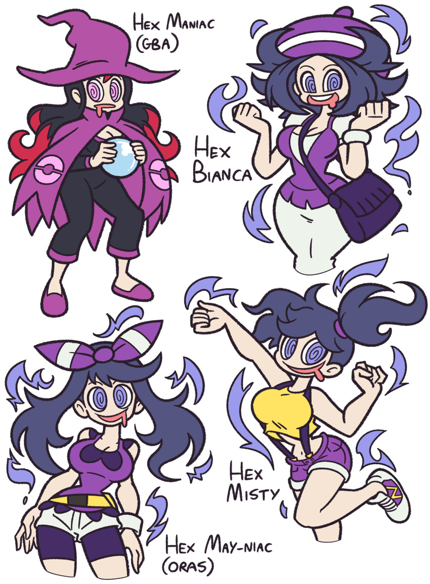 4girls @_@ al_bhed_eyes bel_(pokemon) bel_(pokemon)_(cosplay) black_hair breasts cape commentary crystal_ball english hairband haruka_(pokemon) haruka_(pokemon)_(remake) haruka_(pokemon)_(remake)_(cosplay) hat hex_maniac_(pokemon) highres kasumi_(pokemon) kasumi_(pokemon)_(cosplay) long_hair messy_hair multicolored_hair multiple_girls npc pokemon pokemon_(game) pokemon_bw pokemon_oras pokemon_rgby pokemon_rse pokemon_xy purple_hair redhead shenanimation shorts side_ponytail smile suspenders two-tone_hair violet_eyes witch_hat