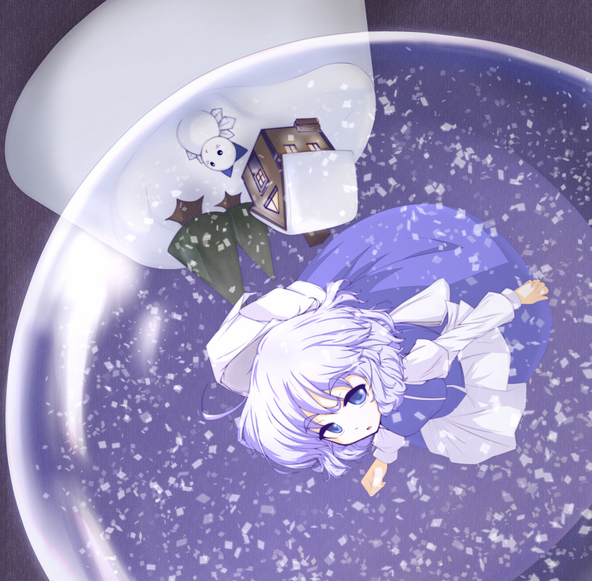 1girl ahoge blue_eyes blue_skirt blue_vest blush cirno commentary_request eyebrows eyebrows_visible_through_hair hat hensheru highres house ice ice_wings juliet_sleeves letty_whiterock light_blue_hair long_sleeves looking_at_viewer looking_up puffy_sleeves short_hair skirt snow snow_globe snowman solo touhou tree white_apron white_hat wings