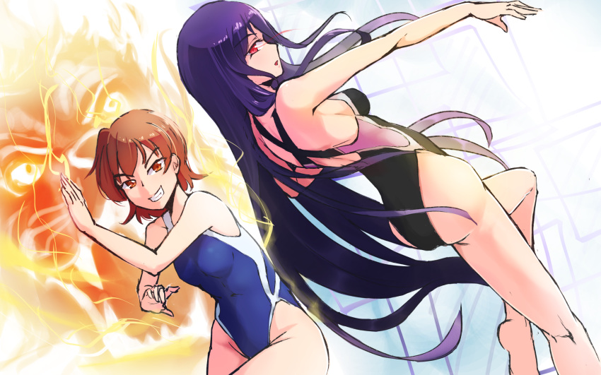 2girls anetai_toyone ass barefoot brown_hair competition_swimsuit crossover dutch_angle fate/stay_night fate_(series) fighting_stance from_behind fujimura_taiga grin highres long_hair multiple_girls one-piece_swimsuit orange_eyes pose purple_hair red_eyes saki short_hair smile standing standing_on_one_leg swimsuit yokura_(yukilina)