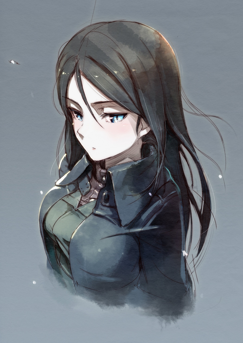 1girl absurdres bangs black_hair blue_eyes breasts eyebrows eyebrows_visible_through_hair girls_und_panzer grey_background hair_between_eyes highres jacket long_hair nonna pale_skin parted_bangs pomon_illust simple_background solo upper_body