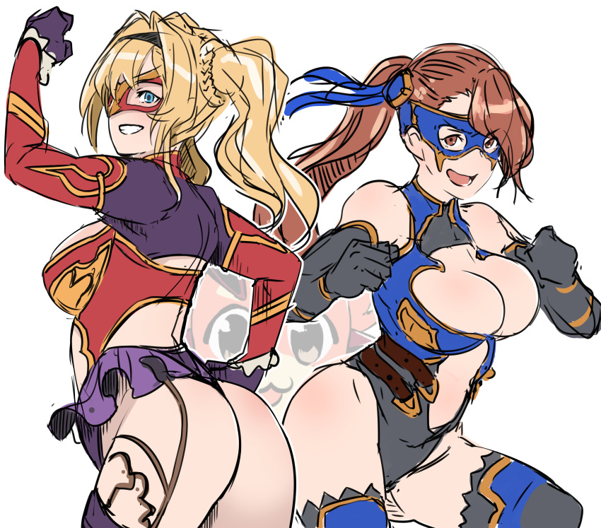 &gt;:d 2girls :d absurdres adapted_costume artist_name ass beatrix_(granblue_fantasy) black_gloves blonde_hair blue_eyes braid breasts brown_eyes brown_hair butcha-u cleavage_cutout domino_mask elbow_gloves flat_ass friends gloves granblue_fantasy hair_intakes hairband hand_on_hip highres large_breasts leotard long_hair mask medium_breasts multiple_girls open_mouth outline simple_background sketch smile thigh-highs twin_braids twintails vee_(granblue_fantasy) white_background wrestling_outfit zeta_(granblue_fantasy)