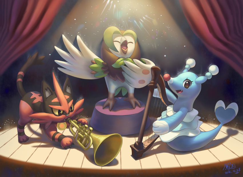 bird brionne brown_eyes cat closed_eyes curtains dartrix fang harp ho-oh_(artist) instrument music no_humans owl playing_instrument pokemon pokemon_(game) pokemon_sm signature singing smile spotlight stage torracat trumpet yellow_sclera