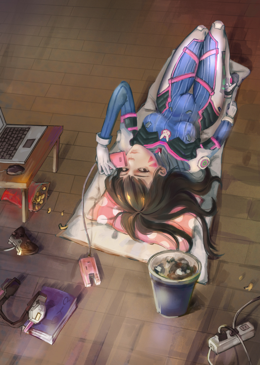 1girl bangs bodysuit boots bracer breasts brown_eyes brown_hair bunny_print cable chips closed_mouth computer computer_mouse controller d.va_(overwatch) eyelashes facepaint facial_mark from_above game_controller gamepad gloves headphones headphones_removed high_collar highres laptop long_hair long_sleeves looking_at_viewer lying medium_breasts on_back overwatch pauldrons pillow pilot_suit polka_dot polka_dot_pillow ribbed_bodysuit shoulder_pads skin_tight solo thigh-highs thigh_boots thigh_strap trash_can turtleneck whisker_markings white_boots white_gloves