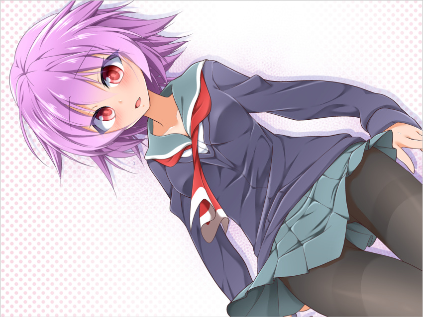 1girl ass_visible_through_thighs black_legwear blush breasts dutch_angle eyebrows eyebrows_visible_through_hair fang from_below hachi_(chihagura) kantai_collection looking_down miniskirt open_mouth pantyhose pink_eyes pink_hair pleated_skirt school_uniform short_hair skirt small_breasts tama_(kantai_collection) thighband_pantyhose thighs