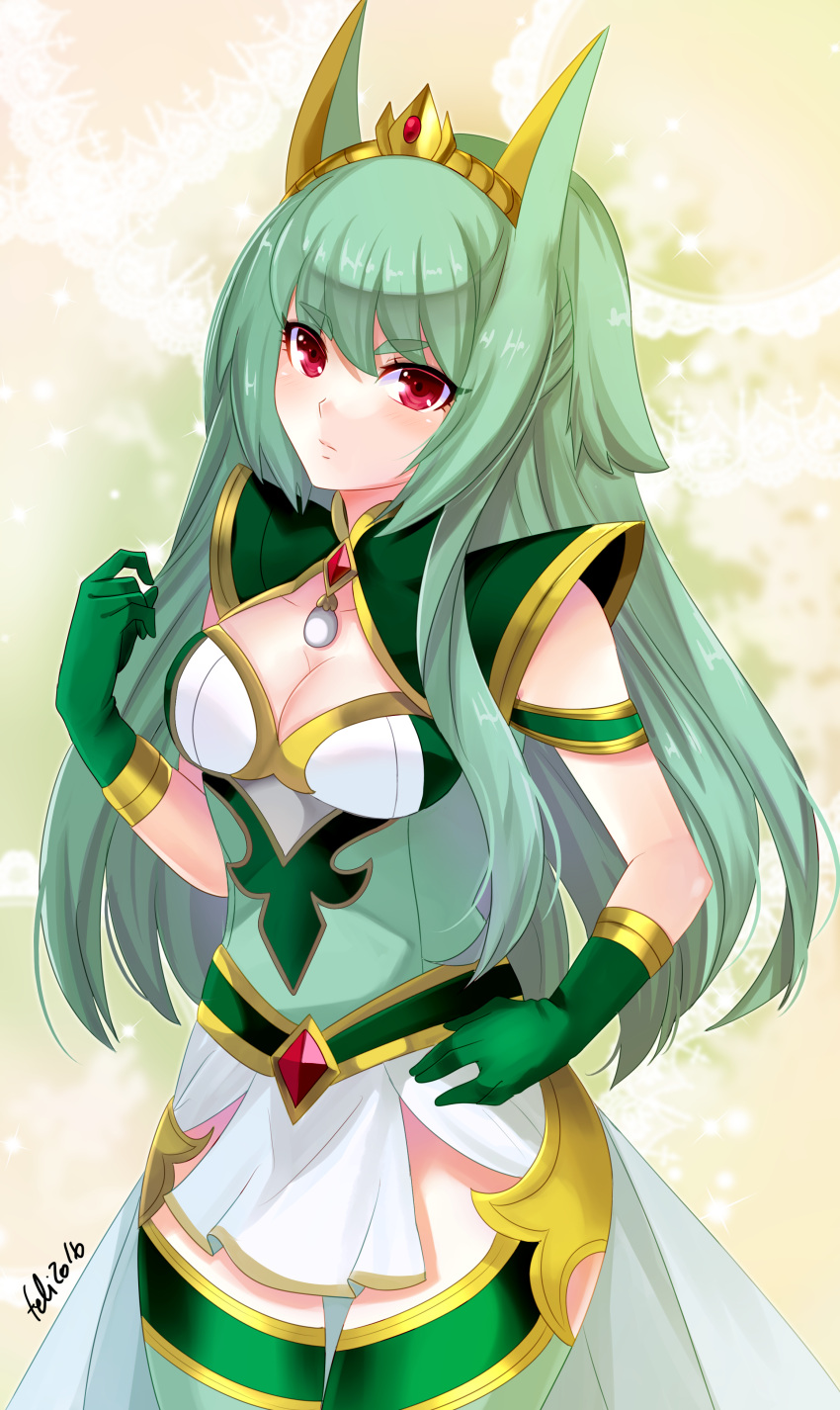 absurdres animal_ears artist_name breasts cleavage felicia-val female gloves green_gloves green_hair green_legwear hand_on_hip highres long_hair looking_at_viewer personification pokemon red_eyes serperior solo standing thigh-highs tiara