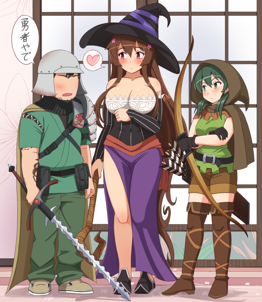 1boy 2girls arrow artist_self-insert black_gloves bow_(weapon) breasts brown_hair character_request cherry_blossoms cleavage cloak commentary_request cosplay crossed_arms dragon's_crown elf_(dragon's_crown) elf_(dragon's_crown)_(cosplay) gloves green_eyes green_hair halloween halloween_costume highres kantai_collection long_hair multiple_girls quiver shin'en-san shin'en_(gyokuro_company) shorts sorceress_(dragon's_crown) sorceress_(dragon's_crown)_(cosplay) sword tattoo translation_request very_long_hair weapon yamato_(kantai_collection) zuikaku_(kantai_collection)