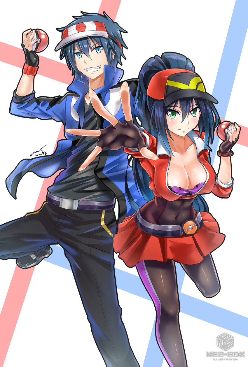 &gt;:) 1boy 1girl absurdres baseball_cap belt black_gloves black_hair black_pants black_shirt blue_eyes blue_hair blush bra breasts cleavage collarbone commentary_request crop_top cropped_jacket drop_shadow female_protagonist_(pokemon_go) fingerless_gloves foreshortening gloves green_eyes grin hat highres holding holding_poke_ball jacket large_breasts leggings long_hair looking_at_viewer male_protagonist_(pokemon_go) nez-kun open_clothes open_jacket original outline outstretched_arm pants poke_ball poke_ball_theme pokemon pokemon_go ponytail popped_collar purple_bra reaching_out red_skirt shirt shoes short_hair simple_background skirt smile sneakers undershirt underwear visor_cap white_background