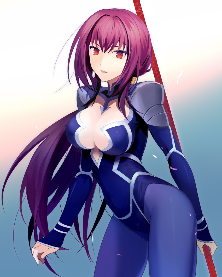 1girl artist_request bodysuit breasts cleavage cosplay crossdressinging fate/grand_order fate_(series) gae_bolg gradient gradient_background highres lancer lancer_(cosplay) long_hair looking_at_viewer pauldrons polearm purple_hair red_eyes scathach_(fate/grand_order) solo spear weapon