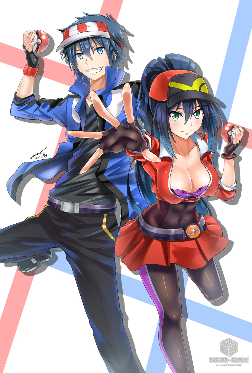 &gt;:) 1boy 1girl absurdres baseball_cap belt black_gloves black_hair black_pants black_shirt blue_eyes blue_hair blush bra breasts cleavage collarbone commentary_request crop_top cropped_jacket drop_shadow female_protagonist_(pokemon_go) fingerless_gloves foreshortening gloves green_eyes grin hat highres holding holding_poke_ball jacket large_breasts leggings long_hair looking_at_viewer male_protagonist_(pokemon_go) nez-kun open_clothes open_jacket original outstretched_arm pants poke_ball poke_ball_theme pokemon pokemon_go ponytail popped_collar purple_bra reaching_out red_skirt shirt shoes short_hair simple_background skirt smile sneakers undershirt underwear visor_cap white_background