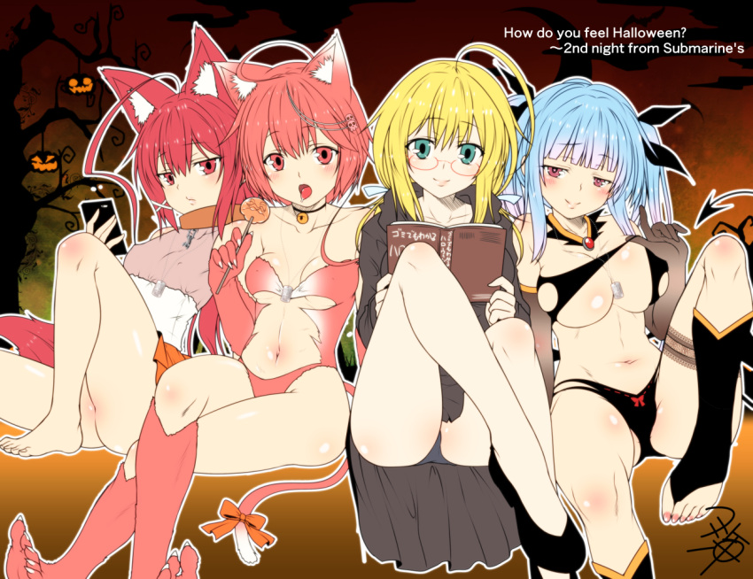 4girls ahoge alternate_costume animal_ears aqua_hair ass bell blonde_hair book breasts c: candy cat_ears cat_tail cellphone choker cleavage cloak collarbone demon_tail dog_tags engrish glasses green_eyes hair_ornament hair_ribbon halloween holding hood hooded_cloak i-168_(kantai_collection) i-19_(kantai_collection) i-58_(kantai_collection) i-8_(kantai_collection) kantai_collection kemonomimi_mode large_breasts lollipop long_hair looking_at_viewer low_twintails multiple_girls navel phone ranguage red_eyes redhead ribbon short_hair sitting smartphone tail tongue tongue_out translation_request tri_tails twintails wolf_ears wolf_tail yua_(checkmate)