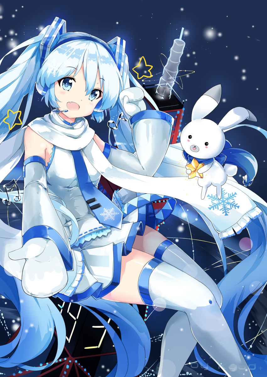1girl 39 absurdres blue_eyes blue_hair commentary_request detached_sleeves fang hatsune_miku headset highres k.syo.e+ long_hair mittens necktie open_mouth rabbit scarf skirt snowflakes star thigh-highs twintails very_long_hair vocaloid yuki_miku