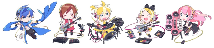 2boys 3girls bass_guitar black_footwear blonde_hair blue_eyes blue_hair boots bow brown_eyes brown_hair chibi closed_eyes coat dress drum drumsticks electric_guitar frilled_dress frilled_skirt frills gloves guitar hair_bow headset instrument kagamine_len kagamine_rin kaito keyboard_(instrument) lena_(zoal) long_image magical_mirai_(vocaloid) matching_outfit megurine_luka meiko multiple_boys multiple_girls music one_eye_closed open_clothes open_coat pants pantyhose pink_hair playing_instrument red_skirt sailor_collar scarf short_sleeves shorts side_slit sitting skirt sleeveless sleeveless_dress smile speaker standing standing_on_one_leg transparent_background vocaloid white_gloves wide_image wire