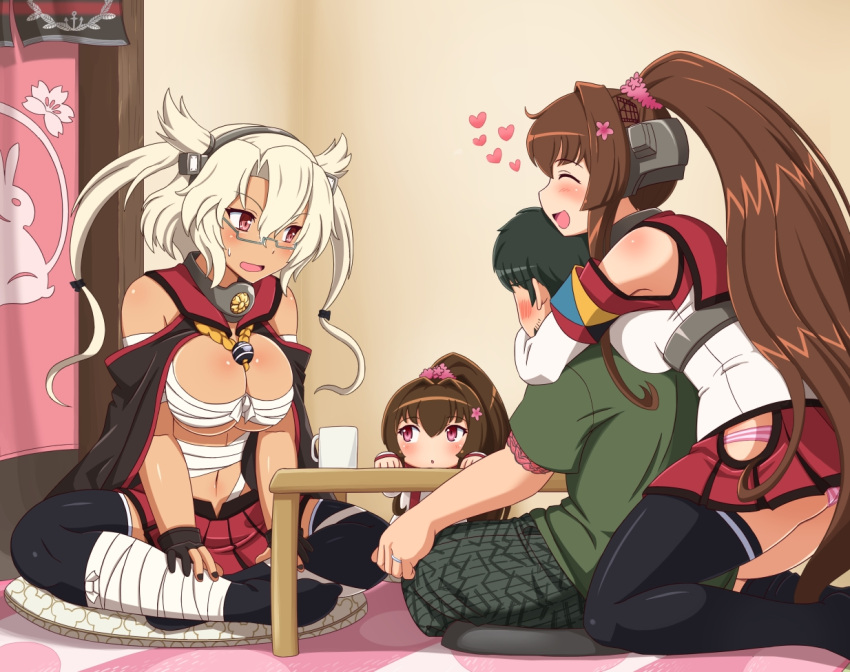 3girls :d :o artist_self-insert bandages black_hair blonde_hair breasts brown_hair budget_sarashi child closed_eyes commentary_request detached_sleeves glasses heart hug hug_from_behind indian_style kantai_collection kneeling ko-yamato large_breasts long_hair multiple_girls musashi_(kantai_collection) open_mouth panties ponytail profile sarashi shin'en-san shin'en_(gyokuro_company) single_thighhigh sitting smile striped striped_panties sweatdrop thigh-highs twintails underwear very_long_hair violet_eyes yamato_(kantai_collection)