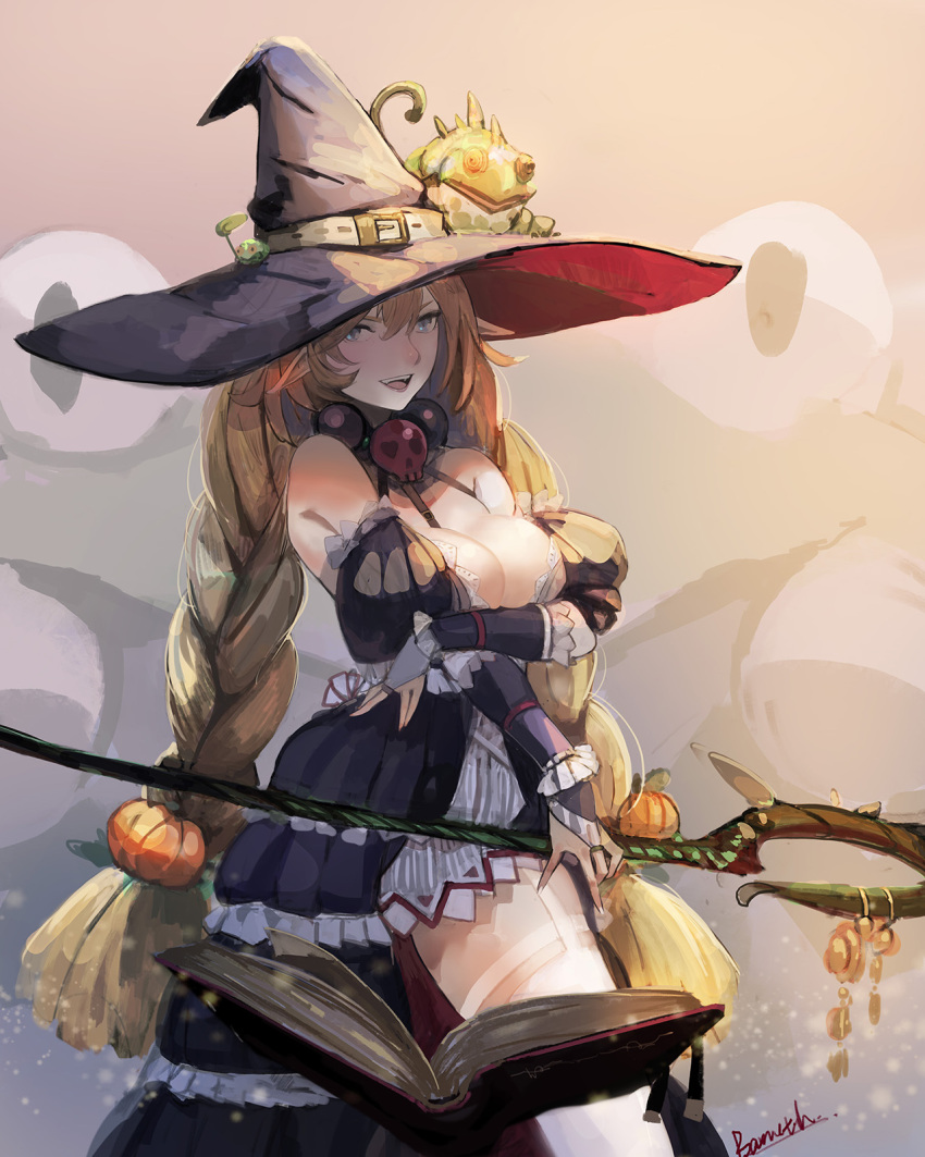 1girl bamuth bare_shoulders black_gloves black_hat blonde_hair blue_eyes book braid breasts chameleon cleavage commentary_request dress elbow_gloves fingerless_gloves floating_book food_themed_hair_ornament frilled_dress frilled_gloves frilled_sleeves frills garter_straps gloves hair_between_eyes hair_ornament halloween hat hat_belt highres long_hair looking_at_viewer off-shoulder_dress off_shoulder on_head open_mouth original pointy_ears puffy_short_sleeves puffy_sleeves pumpkin_hair_ornament reptile short_sleeves signature skull_necklace smile staff thigh-highs twin_braids very_long_hair white_legwear witch witch_hat