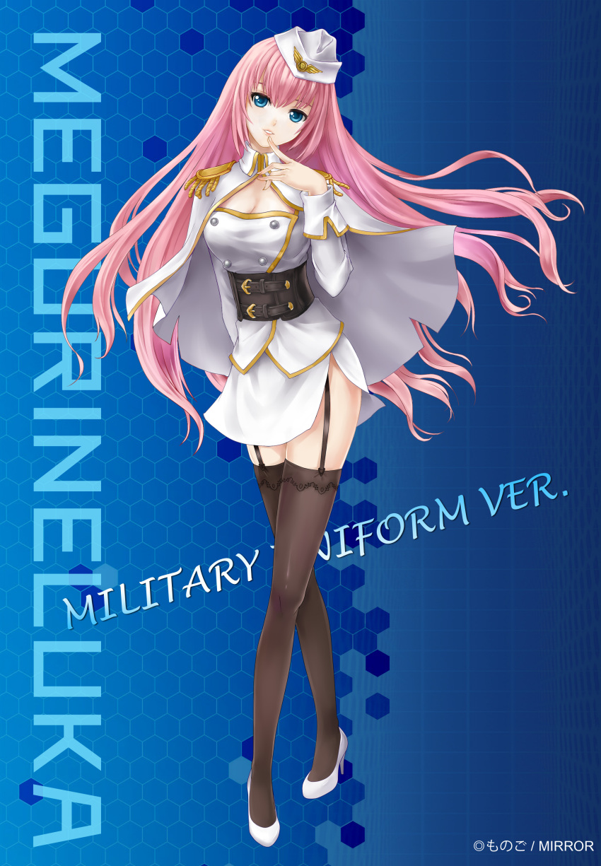 1girl absurdres black_legwear blue_eyes breasts character_name cleavage finger_to_mouth garter_straps hat highres long_hair medium_breasts megurine_luka military military_uniform monogo pink_hair solo thigh-highs uniform vocaloid white_hat