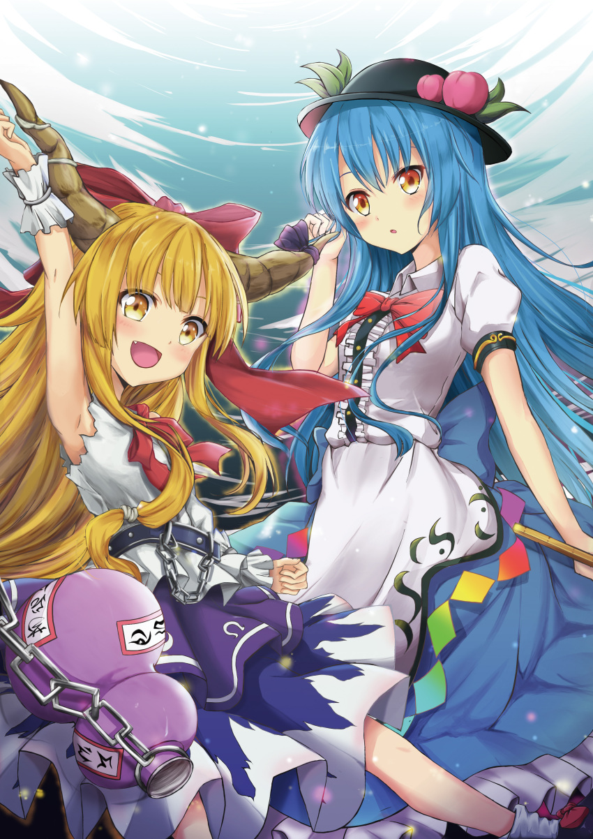 2girls absurdres arm_up blonde_hair blue_hair bow bowtie character_request dress fang hat highres hinanawi_tenshi horns ibuki_suika karumayu long_hair looking_at_viewer multiple_girls open_mouth purple_ribbon red_bow ribbon touhou wrist_cuffs yellow_eyes