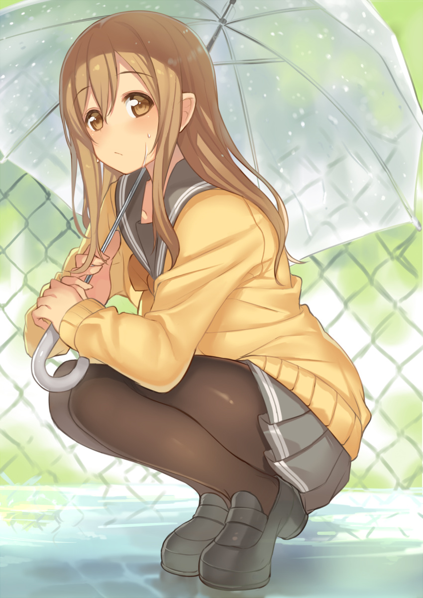 1girl bangs black_shoes blush brown_eyes brown_hair brown_legwear chain-link_fence closed_mouth day eyebrows eyebrows_visible_through_hair fence from_side frown full_body grey_skirt hair_between_eyes highres holding holding_umbrella kame^^ kunikida_hanamaru loafers long_hair long_sleeves looking_at_viewer love_live! love_live!_sunshine!! miniskirt outdoors pantyhose pleated_skirt puddle reflection school_uniform serafuku shoes skirt sleeves_past_wrists solo squatting sweater tiptoes transparent_umbrella umbrella water wet