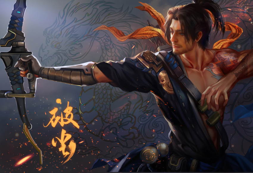 1boy archery arrow backlighting beard black_hair bow_(weapon) brown_hair collarbone dragon_tattoo embers facial_hair grey_background hanzo_(overwatch) holding japanese_clothes long_hair looking_away male_focus overwatch ponytail quiver realistic short_hair single_glove tattoo translation_request upper_body weapon yang_fan younger yugake