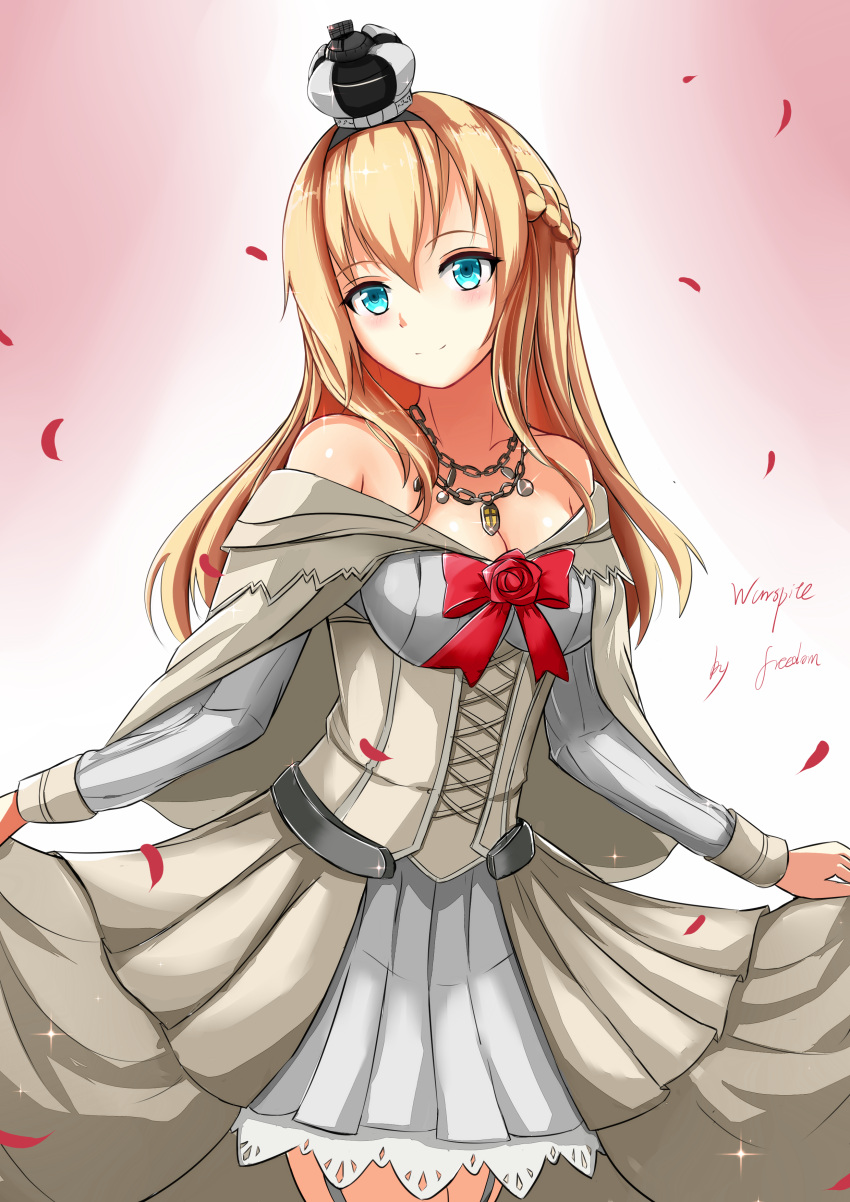 1girl absurdres bare_shoulders blonde_hair blue_eyes braid crown dress dress_lift flower french_braid garter_straps hairband highres jewelry kantai_collection long_hair long_sleeves mini_crown necklace off-shoulder_dress off_shoulder red_ribbon red_rose ribbon rose saber-freedom smile solo standing warspite_(kantai_collection) white_dress