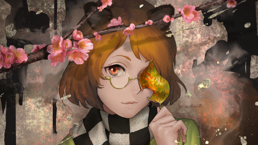 1girl amino_(tn7135) animal_ears bracelet brown_hair cherry_blossoms closed_mouth covering_one_eye forbidden_scrollery futatsuiwa_mamizou glasses highres japanese_clothes jewelry kimono kiseru leaf light_smile long_sleeves looking_at_viewer orange_eyes pince-nez pipe plaid plaid_scarf raccoon_ears raccoon_tail scarf short_hair solo tail touhou upper_body wide_sleeves