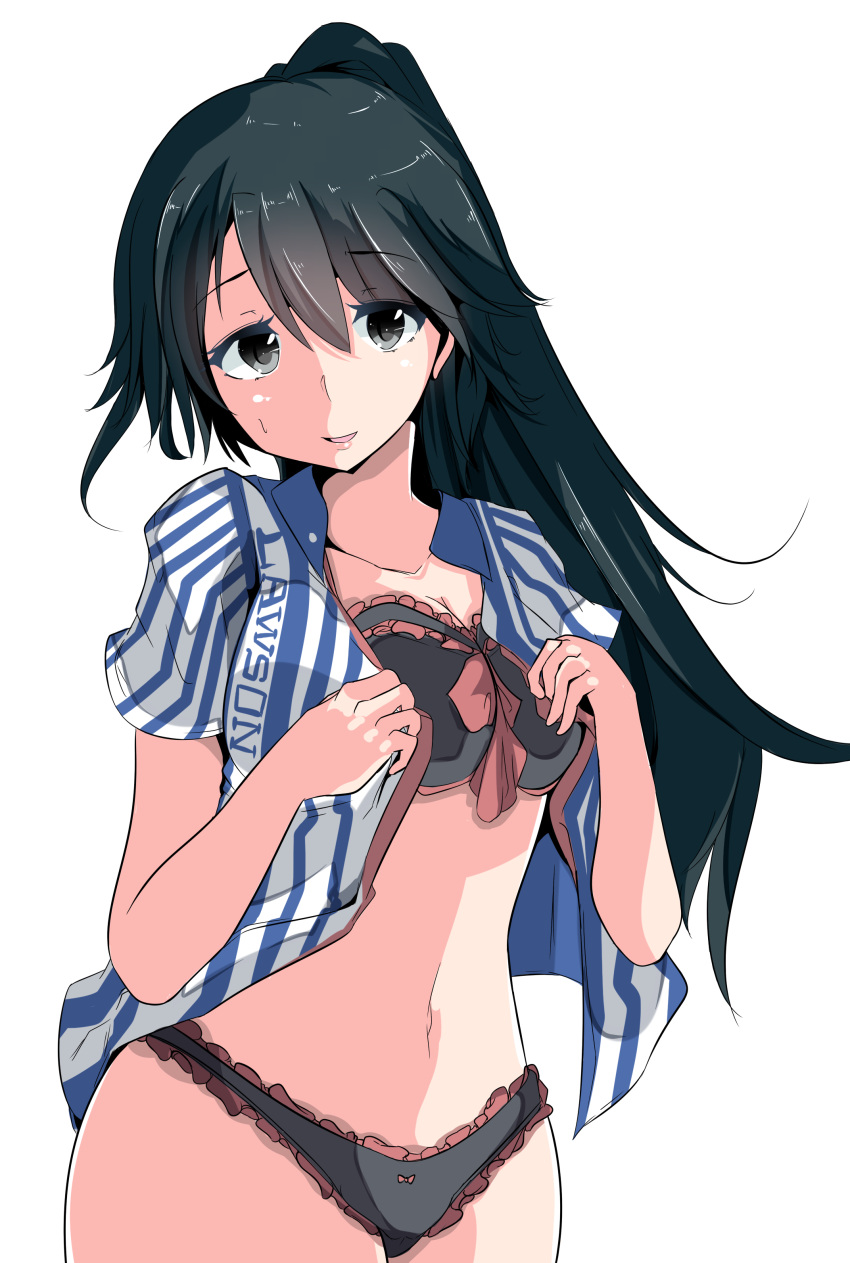 1girl absurdres alternate_costume black_bra black_panties blouse blue_eyes blue_hair bra collarbone hair_between_eyes highleg highleg_panties highres houshou_(kantai_collection) kantai_collection lawson lips looking_at_viewer navel open_blouse open_clothes panties parted_lips ponytail sketch striped_blouse underwear