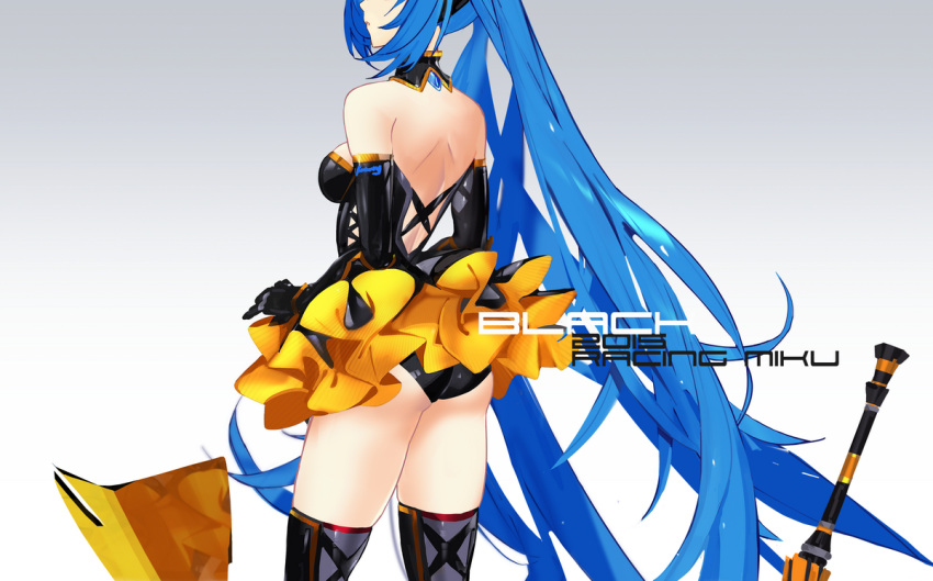 1girl 2015 :o bare_shoulders black_gloves black_legwear black_leotard black_skirt breasts character_name detached_collar elbow_gloves from_behind gloves gradient gradient_background hatsune_miku head_out_of_frame kiwamu leotard long_hair medium_breasts parted_lips profile racequeen reflection shield shiny shiny_clothes shoulder_blades skirt solo standing strapless strapless_leotard thigh-highs thighs twintails upskirt very_long_hair vocaloid