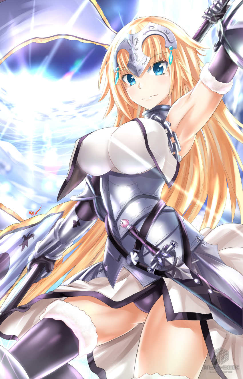 1girl absurdres arm_up armor armored_dress black_legwear black_panties blonde_hair blue_eyes blush breasts chain closed_mouth commentary cowboy_shot fate/grand_order fate_(series) flag fur_trim gauntlets headpiece highres large_breasts light_smile long_hair looking_at_viewer nez-kun panties pantyshot pantyshot_(standing) ruler_(fate/apocrypha) solo standing sunlight thigh-highs underwear very_long_hair watermark