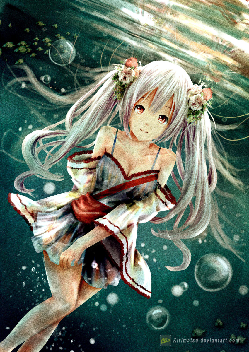 1girl absurdres air_bubble breasts brown_eyes bubble cleavage closed_mouth commentary deviantart_logo deviantart_username dress english_commentary flower grey_dress hair_flower hair_ornament highres kirimatsu long_hair looking_at_viewer medium_breasts original smile solo twintails underwater very_long_hair water watermark web_address