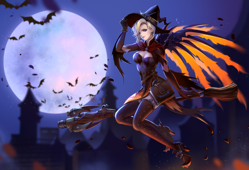 1girl alternate_costume backlighting bangle bat blonde_hair blue_eyes book bracelet breasts broom broom_riding brown_gloves brown_shoes capelet cleavage earrings elbow_gloves full_body full_moon gloves glowing glowing_wings halloween halloween_costume hand_on_headwear hat hei_yu jack-o'-lantern_earrings jewelry light_smile lips looking_at_viewer mechanical_wings medium_breasts mercy_(overwatch) moon night night_sky nose orange_wings outdoors overwatch shoes short_sleeves sidesaddle silhouette sky solo thigh-highs town wings witch witch_hat witch_mercy
