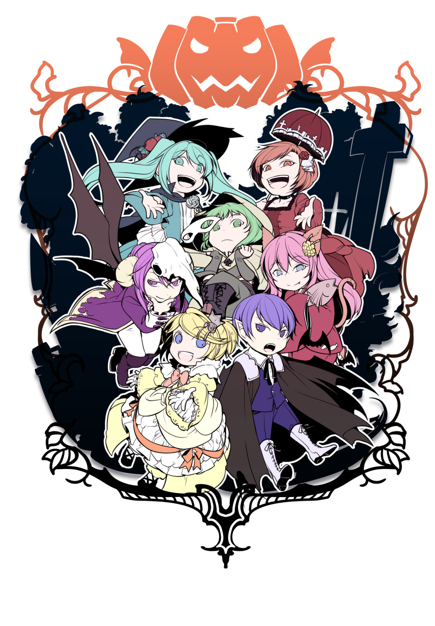 &gt;:d 2boys 5girls :d absurdres aku_no_musume_(vocaloid) akujiki_musume_conchita_(vocaloid) akutoku_no_judgement_(vocaloid) alternate_costume animal_ears animal_skull apple aqua_eyes aqua_hair bat bat_wings black_cape blonde_hair blue_suit boots bow bowtie braid brown_eyes cape cat_ears cat_tail chibi choker cloak combat_boots commentary commentary_request crazy_eyes cross-laced_footwear crown demon demon_horns demon_wings domino_mask dress elbow_gloves enbizaka_no_shitateya_(vocaloid) evil_smile evillious_nendaiki fang fangs fingerless_gloves fire flower food forest frilled_dress frills fruit gloves goat_horns graveyard green_eyes green_hair grey_skirt hair_flower hair_ornament hairclip hairpin halloween halloween_costume hand_on_own_chin hat high_heel_boots high_heels highres holding_clothes hood horns ichi_ka iron_cross japanese_clothes judge kimono knee_boots kneeling lace-up_boots leaning_forward long_coat long_hair long_ponytail mask mini_crown moonlit_bear_(vocaloid) multiple_boys multiple_girls nature nemesis_no_juukou_(vocaloid) nemurase_hime_kara_no_okurimono_(vocaloid) open_mouth outstretched_hand parasol patterned_clothing paw_print pigeon-toed pink_hair plant pumpkin purple_hair red_dress red_kimono rose sandals seven_deadly_sins shirt short_hair side_braid silhouette simple_background skirt smile songover spoilers tail tombstone tower tuna umbrella updo vampire venomania_kou_no_kyouki_(vocaloid) victorian vines violet_eyes vocaloid white_boots wings witch witch_hat yellow_dress