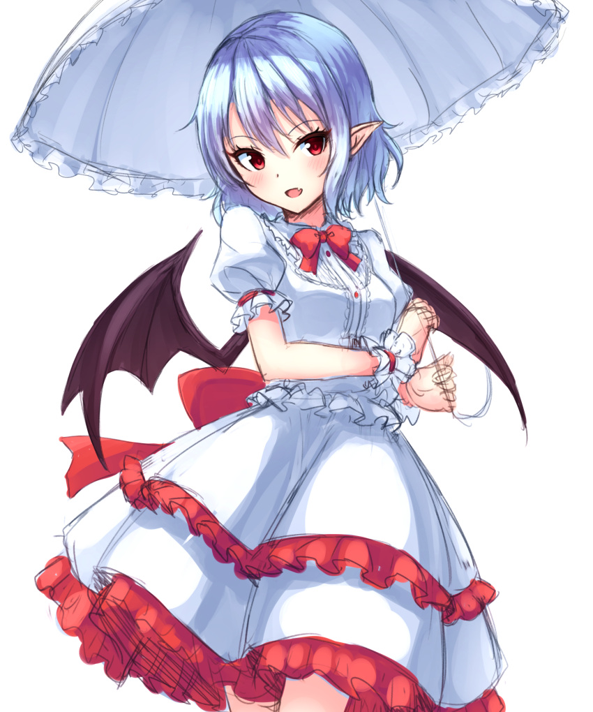 1girl :d absurdres alternate_costume bad_hands bat_wings blue_hair blush bow bowtie breasts cowboy_shot dress fang highres holding holding_umbrella junior27016 layered_dress no_hat no_headwear open_mouth parasol pointy_ears puffy_short_sleeves puffy_sleeves red_bow red_bowtie red_eyes remilia_scarlet short_hair short_sleeves sketch small_breasts smile solo touhou umbrella white_background white_dress wings wrist_cuffs