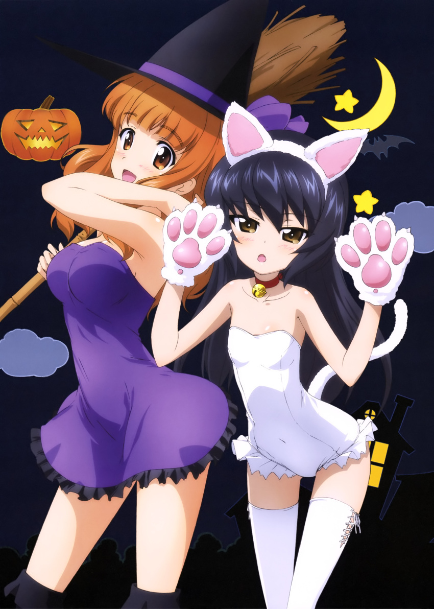 2girls absurdres animal_ears bangs bat bell bell_collar black_hair blunt_bangs blush breasts broom brown_eyes cat_ears cat_tail cleavage collar cosplay cowboy_shot dress fake_animal_ears fake_tail flat_chest frilled_leotard frills girls_und_panzer gloves hairband halloween hat highres holding jack-o'-lantern leotard long_hair looking_at_viewer medium_breasts moon multiple_girls night official_art open_mouth orange_eyes orange_hair parted_lips paw_gloves purple_dress reizei_mako smile standing star_(sky) strapless strapless_dress strapless_leotard tail takebe_saori thigh-highs white_leotard witch witch_hat