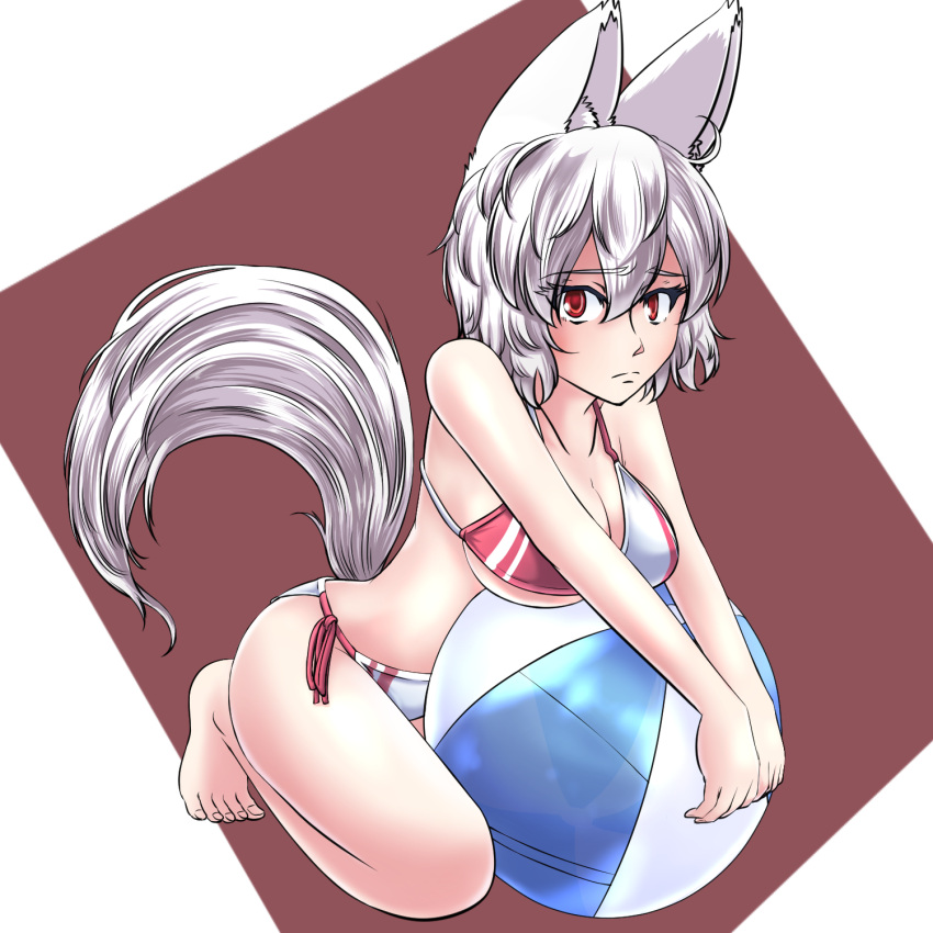 1girl animal_ears blush breasts cleavage collarbone commentary_request highres inubashiri_momiji kouno_ibuki looking_at_viewer no_hat no_headwear red_eyes short_hair silver_hair sitting solo swimsuit tail touhou wolf_ears wolf_tail