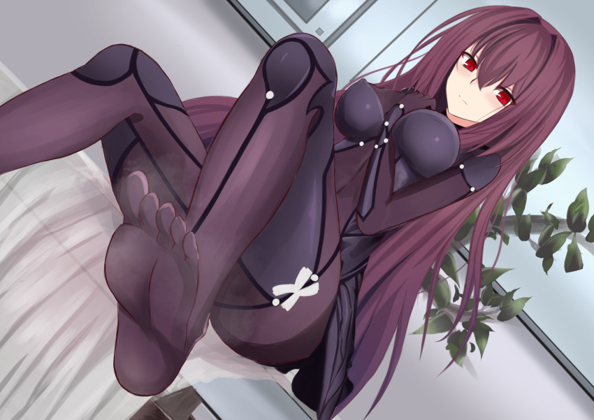 1girl bodysuit breasts dutch_angle fate/grand_order fate_(series) highres kesoshirou long_hair looking_at_viewer plant purple_hair red_eyes scathach_(fate/grand_order) solo toes window