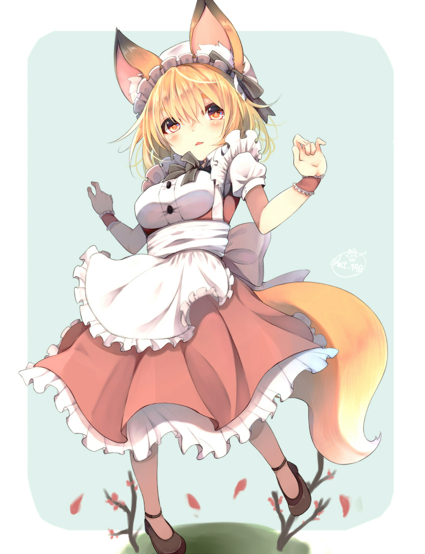 1girl animal_ears apron breasts brown_eyes brown_hair chita_(ketchup) dress fox_ears hat highres original outstretched_arms shoes short_hair smile solo tail