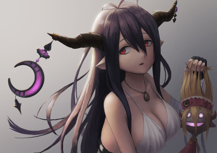 1girl :o antenna_hair backlighting bandaged_arm bandages bangs bare_shoulders black_gloves breasts cleavage collarbone crescent danua doll doraf dress fingerless_gloves gloves gradient gradient_background granblue_fantasy gretel_(granblue_fantasy) hair_between_eyes hair_grab holding horn_ornament horns jewelry large_breasts long_hair looking_away looking_to_the_side necklace open_mouth pointy_ears purple_hair red_eyes single_glove solo stuffed_toy t@kuyoa upper_body white_dress