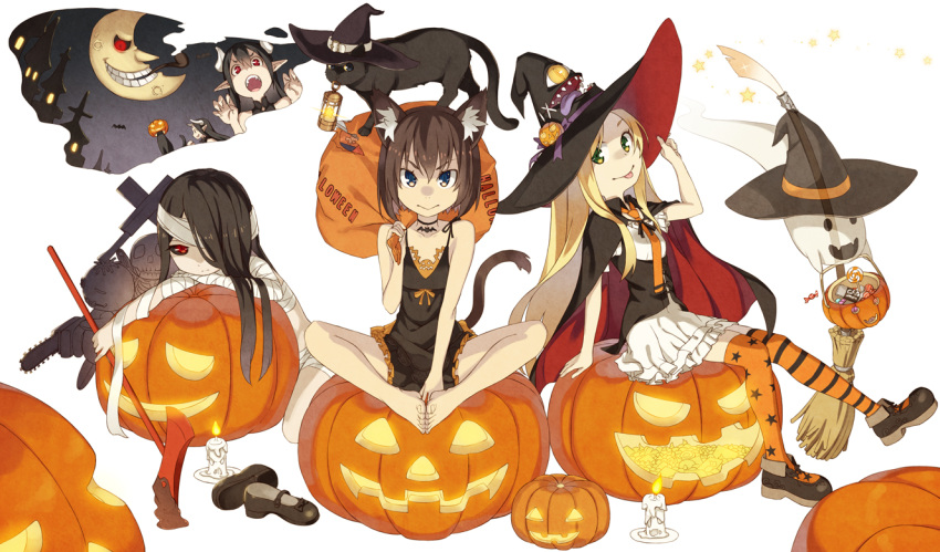 4girls animal_ears bandages barefoot black_hair blonde_hair blue_eyes cat cat_ears cat_tail ghost green_eyes halloween halloween_costume hat horns kimura_(ykimu) long_hair multiple_girls open_mouth original pointy_ears red_eyes short_hair tail thigh-highs witch_hat