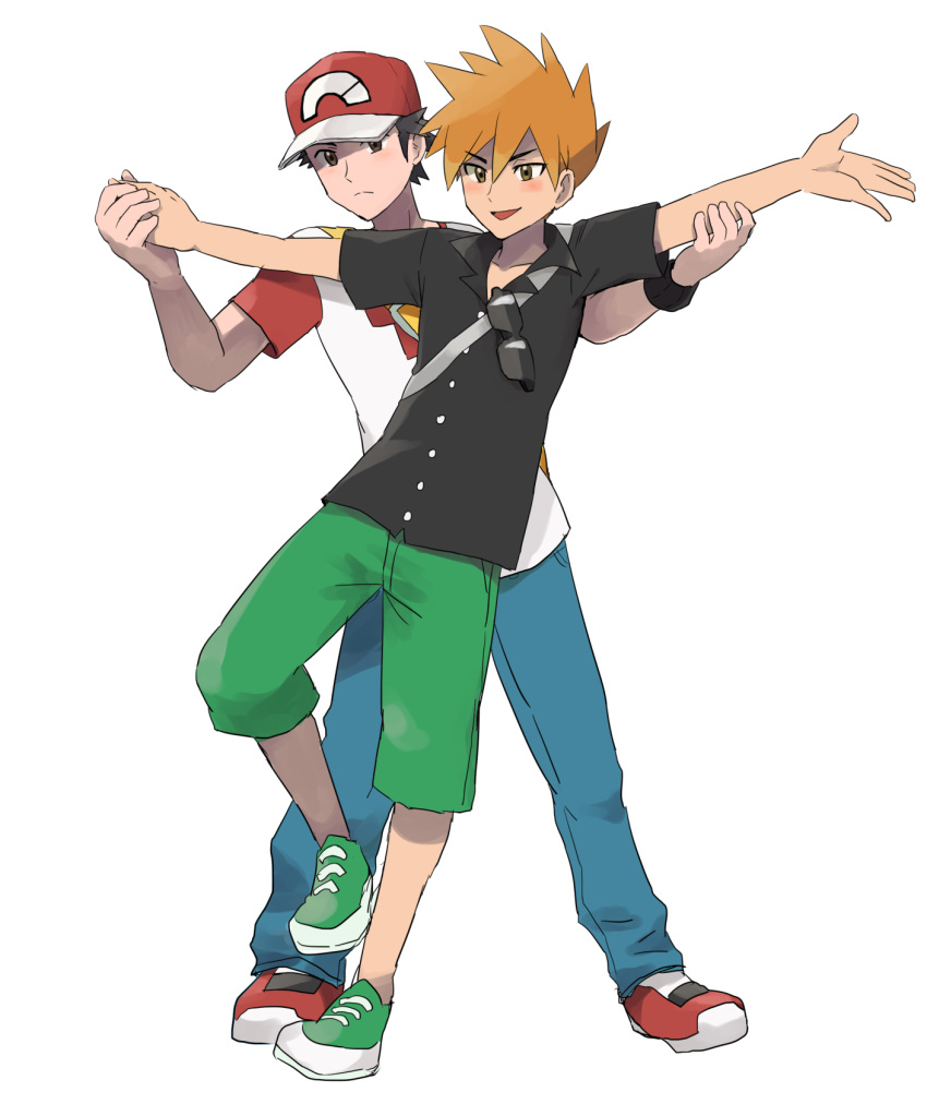 2boys baseball_cap blush brown_eyes brown_hair capri_pants dancing denim full_body hat highres jeans kometubu0712 multiple_boys older ookido_green ookido_green_(sm) open_mouth pants parody pokemon pokemon_(game) pokemon_sm pose raglan_sleeves red_(pokemon) red_(pokemon)_(sm) shirt shoes simple_background sneakers spiky_hair sunglasses t-shirt white_background