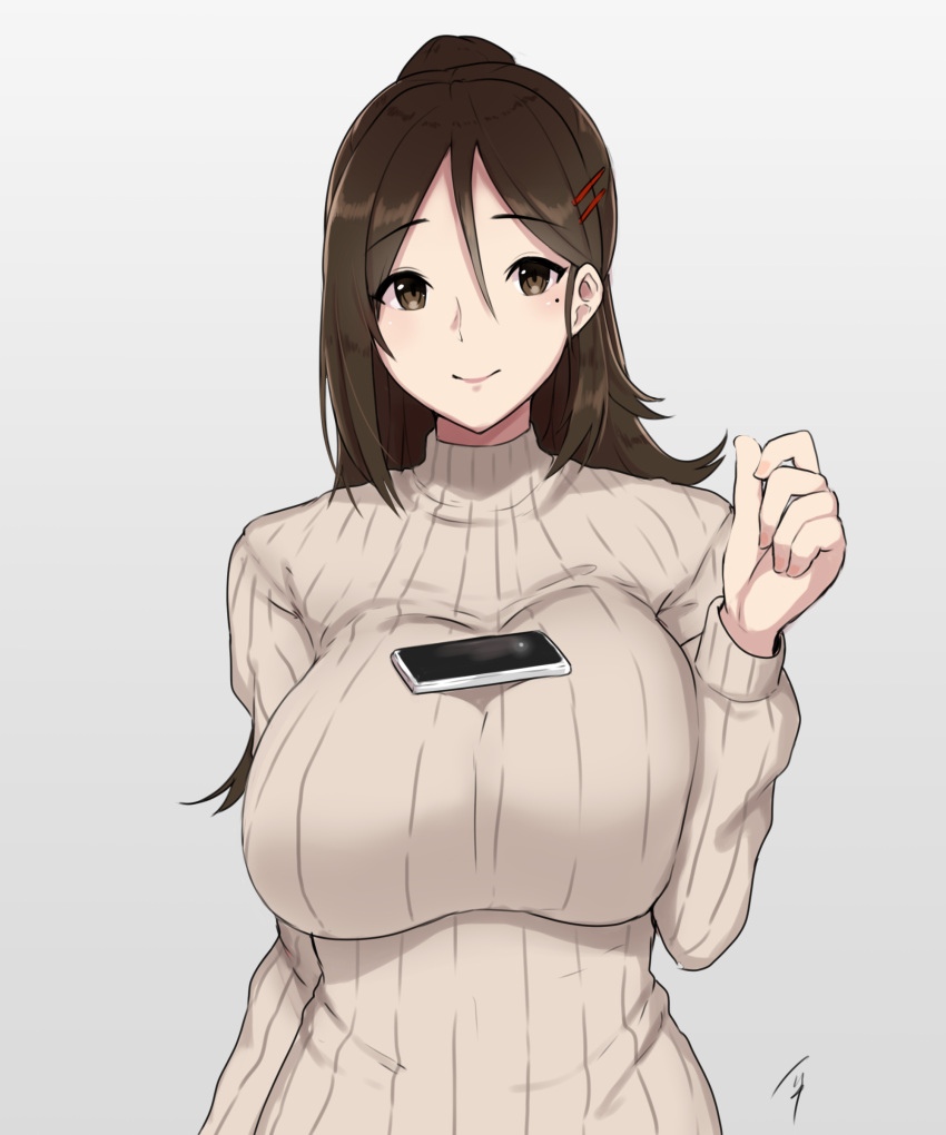 1girl absurdres alternate_costume amagi_(kantai_collection) arm_at_side arm_up breasts brown_eyes brown_hair cellphone grey_background hair_between_eyes hair_ornament hairclip highres huge_breasts kantai_collection light_smile long_hair looking_at_viewer mole mole_under_eye object_on_breast phone ponytail ribbed_sweater simple_background smartphone solo sweater taka_(vert_320) tawawa_challenge turtleneck upper_body