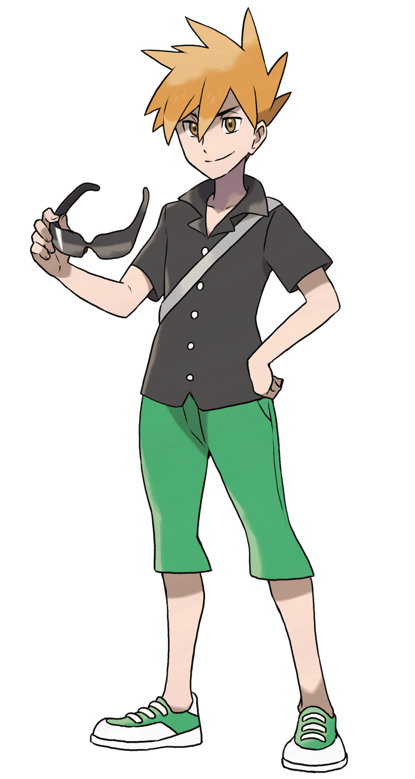 1boy absurdres alpha_transparency brown_hair capri_pants full_body green_pants hand_on_hip highres male_focus official_art ookido_green ookido_green_(sm) open_collar orange_eyes orange_hair pants pokemon pokemon_(game) pokemon_sm shoes smile sneakers solo spiky_hair sugimori_ken sunglasses sunglasses_removed transparent_background