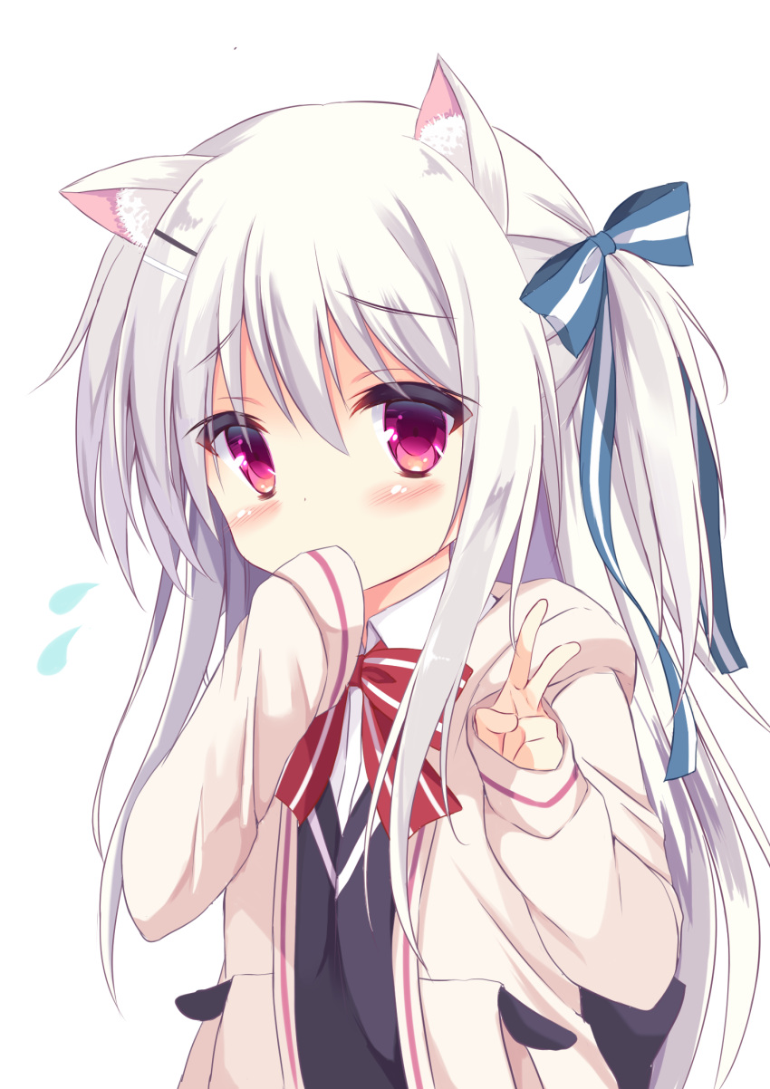 1girl animal_ears bow bowtie collared_shirt commentary_request covering_mouth dan_ball dog_ears flying_sweatdrops hair_ribbon hand_to_own_mouth highres hood hoodie long_hair original ribbon shirt shy sleeves_past_wrists v violet_eyes white_hair