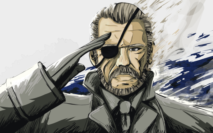 1boy androth beard big_boss blue_eyes cloak crying ears eyebrows eyepatch facial_hair formal green_hair lips looking_at_viewer male_focus metal_gear_(series) metal_gear_solid_4 necktie nose old_man salute simple_background smoke tears