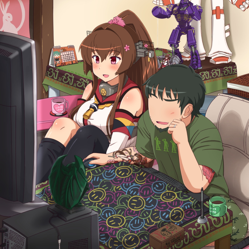 1boy 1girl :d artist_self-insert beard black_hair breasts brown_hair calendar_(object) cherry_blossoms commentary_request cthulhu cthulhu_mythos cup detached_sleeves facial_hair figure hair_between_eyes highres husband_and_wife jewelry kantai_collection large_breasts mug noisy_boy open_mouth peanuts real_steel ring shin'en-san shin'en_(gyokuro_company) single_thighhigh smile snoopy tattoo television thigh-highs violet_eyes wedding_ring yamato_(kantai_collection)