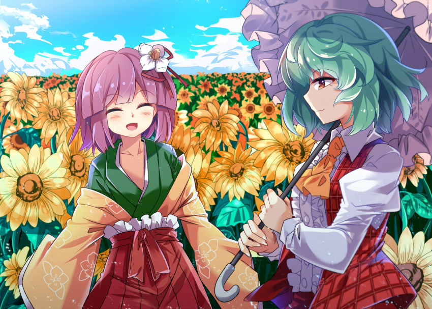 2girls :d ^_^ ascot blush brown_eyes closed_eyes clouds cloudy_sky collarbone cowboy_shot day dress_shirt e.o. field flower flower_field garden_of_the_sun green_hair hair_flower hair_ornament hakama hieda_no_akyuu hime_cut holding holding_umbrella japanese_clothes juliet_sleeves kazami_yuuka kimono long_sleeves looking_at_another multiple_girls off_shoulder open_clothes open_mouth open_vest parasol plaid plaid_vest puffy_sleeves purple_hair shirt short_hair sky smile sunflower touhou umbrella vest white_shirt