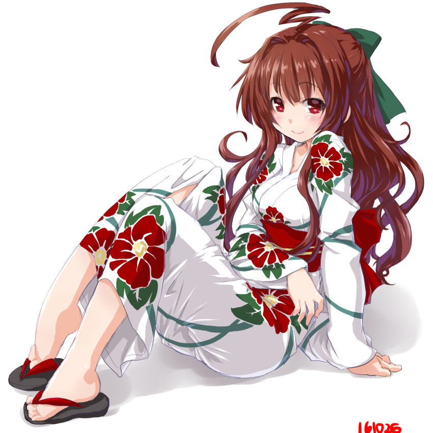 1girl ahoge bow brown_hair dd_(ijigendd) floral_print hair_bow highres huge_ahoge japanese_clothes kantai_collection kimono kuma_(kantai_collection) long_hair red_eyes sandals sitting smile solo white_background yukata