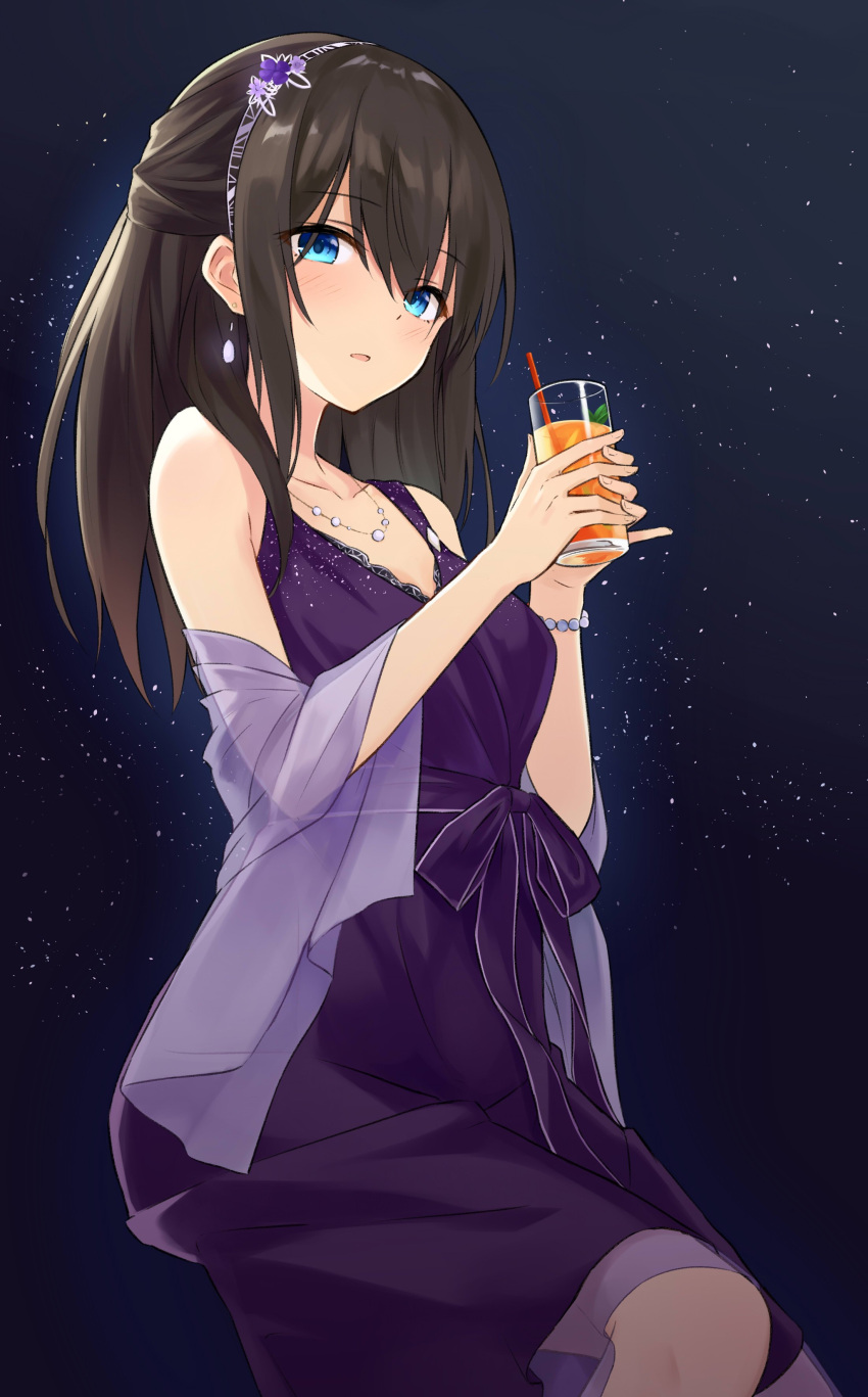 1girl absurdres azuuru_(azure0608) black_hair blue_eyes cocktail cocktail_dress cup dress drink drinking_glass hair_ornament highres holding_drinking_glass idolmaster idolmaster_cinderella_girls idolmaster_cinderella_girls_starlight_stage jewelry necklace parted_lips sagisawa_fumika solo star starry_background