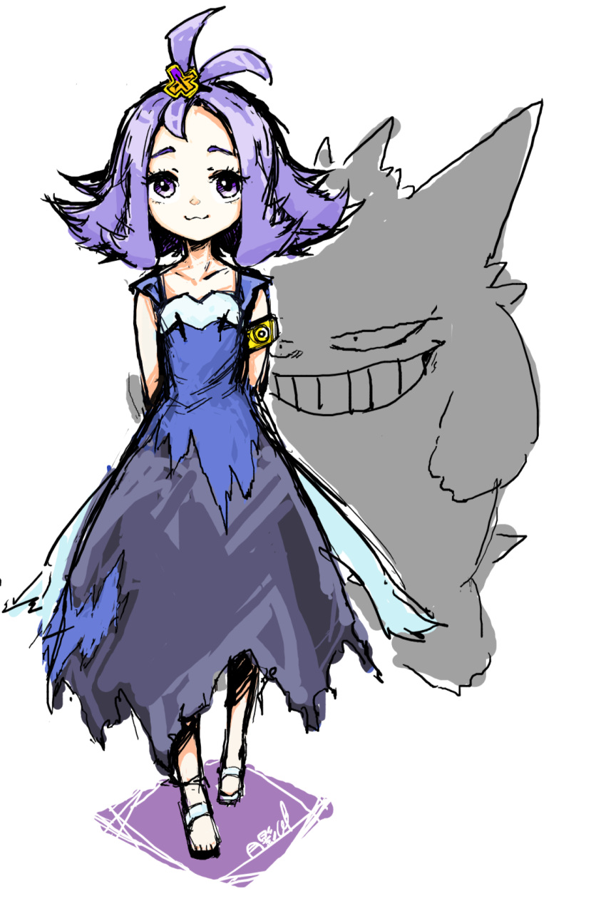 1girl :3 acerola_(pokemon) antenna_hair armlet arms_behind_back bangs closed_mouth collarbone dress elite_four full_body gengar hair_ornament half_updo highres looking_at_viewer pokemon pokemon_(creature) pokemon_(game) pokemon_sm purple_dress purple_hair sandals shadow short_hair short_sleeves signature simple_background smile solo standing torn_clothes torn_dress tsukikage_muntosu violet_eyes white_background