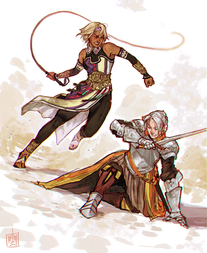 absurdres angry armor armored_boots battle blonde_hair boots brown_eyes chris_lightfellow clenched_teeth closed_eyes duel dutch_angle gensou_suikoden gensou_suikoden_iii highres hurt kneeling knight lucia renzo_gonzalez silver_hair sword teeth torn_clothes weapon whip