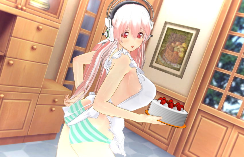 1girl 3d apron ass breasts cake custom_maid_3d_2 food fruit headphones highres large_breasts long_hair looking_at_viewer nearly_naked_apron nitroplus open_mouth panties pink_eyes pink_hair shortcake sideboob solo strawberry strawberry_shortcake striped striped_panties super_sonico uld_macaron underwear